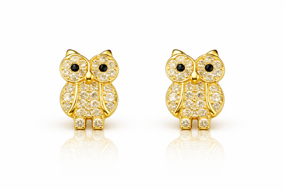 14k Solid Yellow or White Gold Owl Screw Back Stud Earrings with CZ