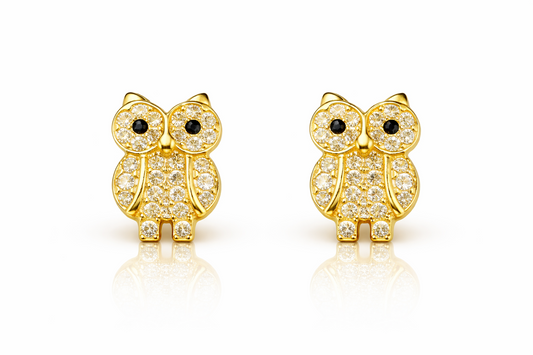 14k Solid Yellow or White Gold Owl Screw Back Stud Earrings with CZ