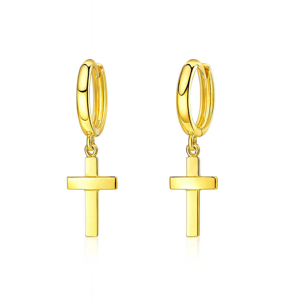 14k Yellow/White Gold Cross Dangle Hoop Huggie Earrings