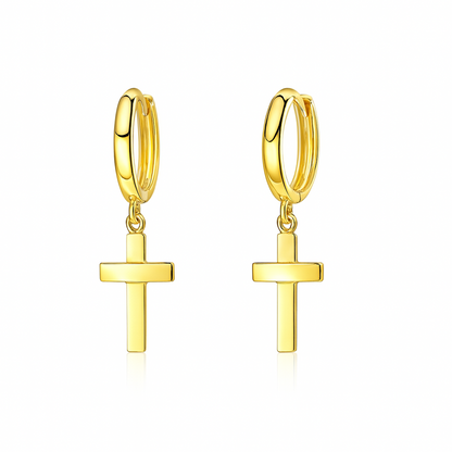 14k Yellow/White Gold Cross Dangle Hoop Huggie Earrings