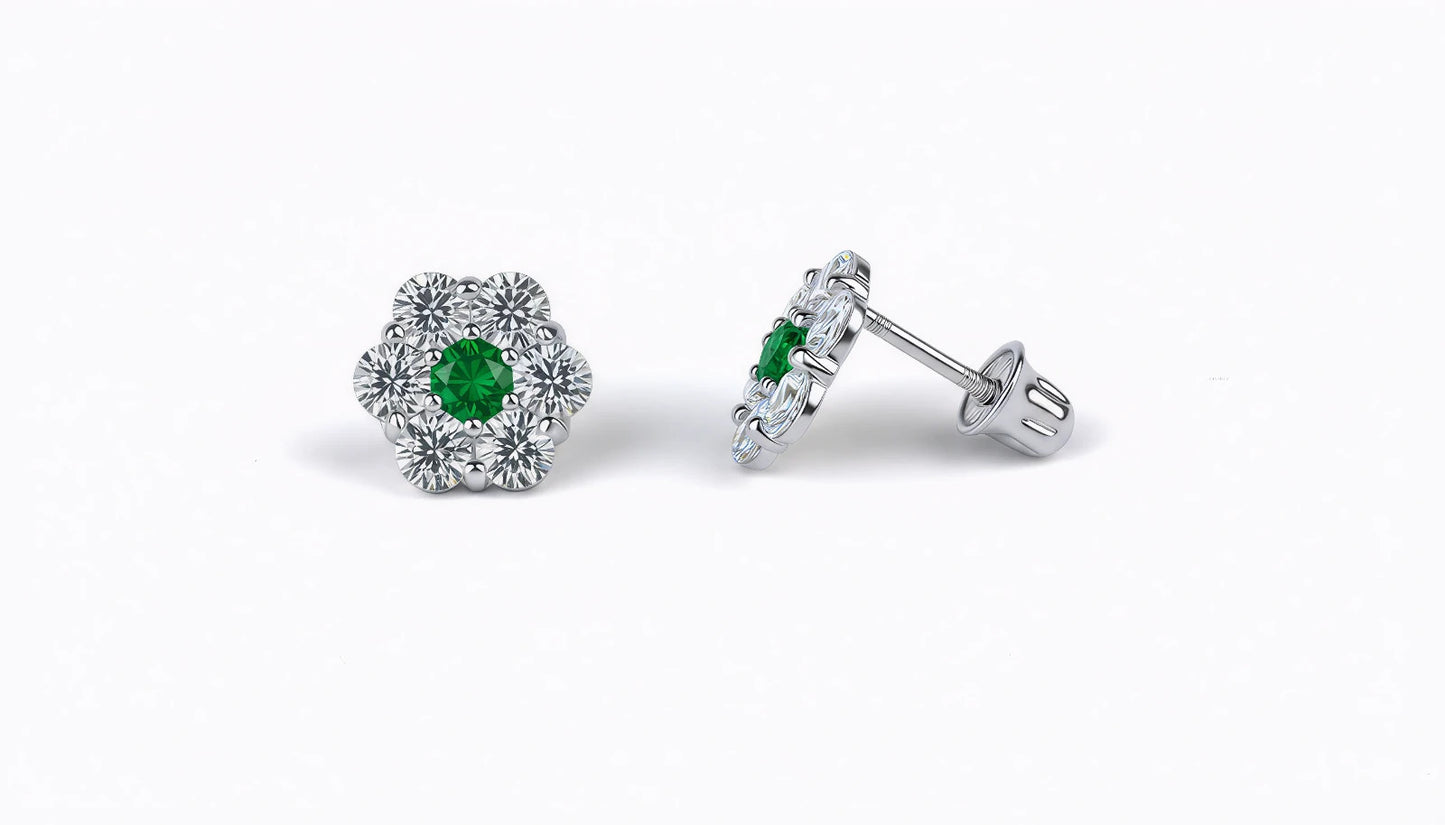 14K White Gold Beautiful Flower CZ Stud Earrings for Women