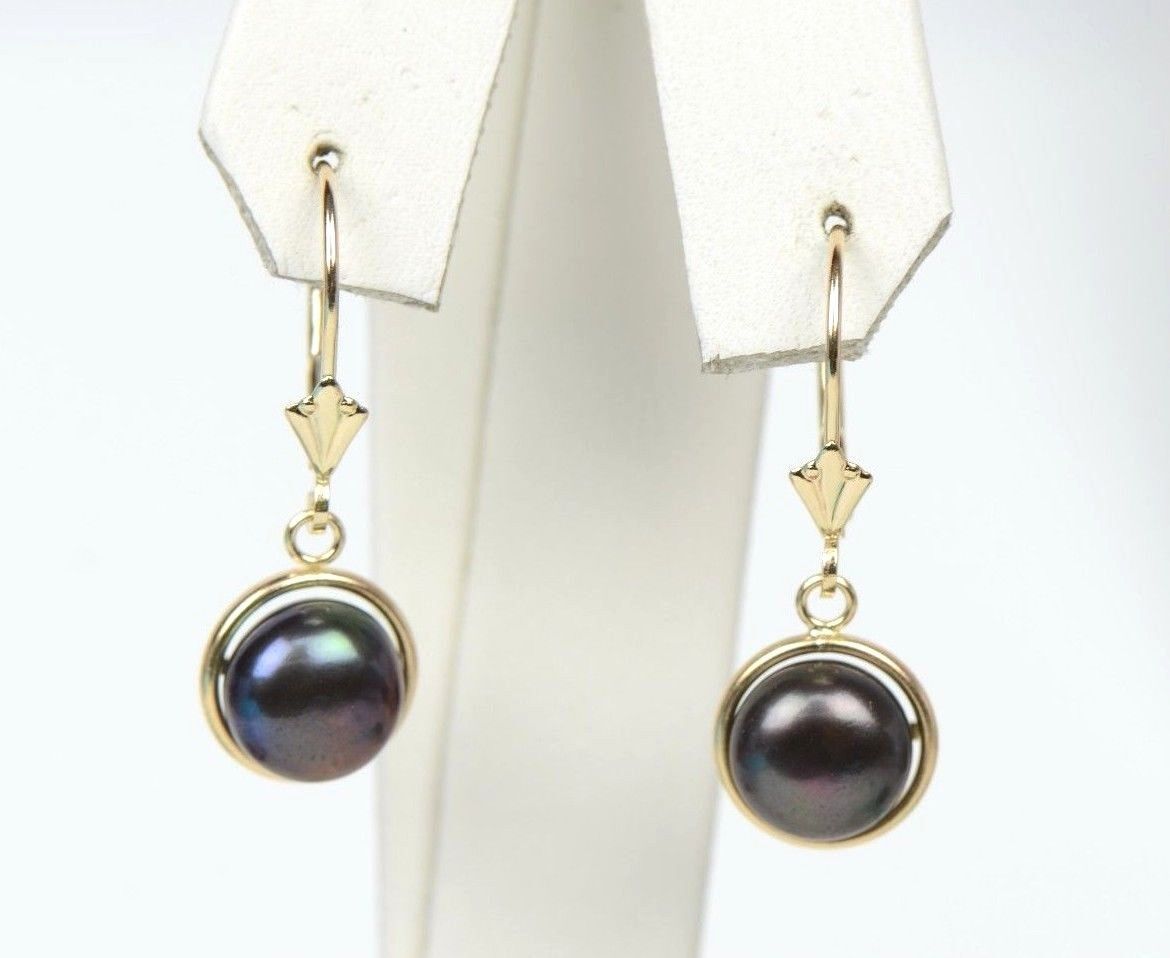 14k Yellow Gold Leverback Dangle Black Natural Pearl Earrings