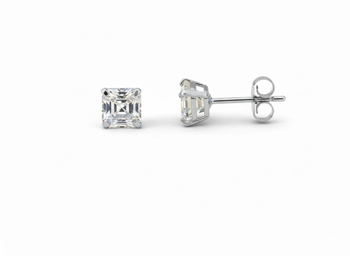 14K White Gold Asscher Cut Stud Earrings Push Back