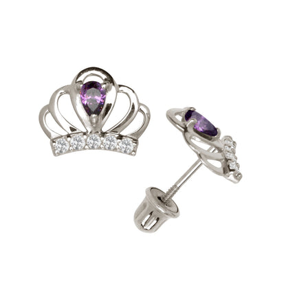 14k Yellow & White Gold CZ Crown Baby Screw Back Stud Earring for Girls