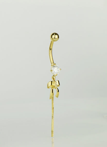 14k Yellow or White Gold Belly Button Dangle CZ Bow Tie Barbel Bar Ring