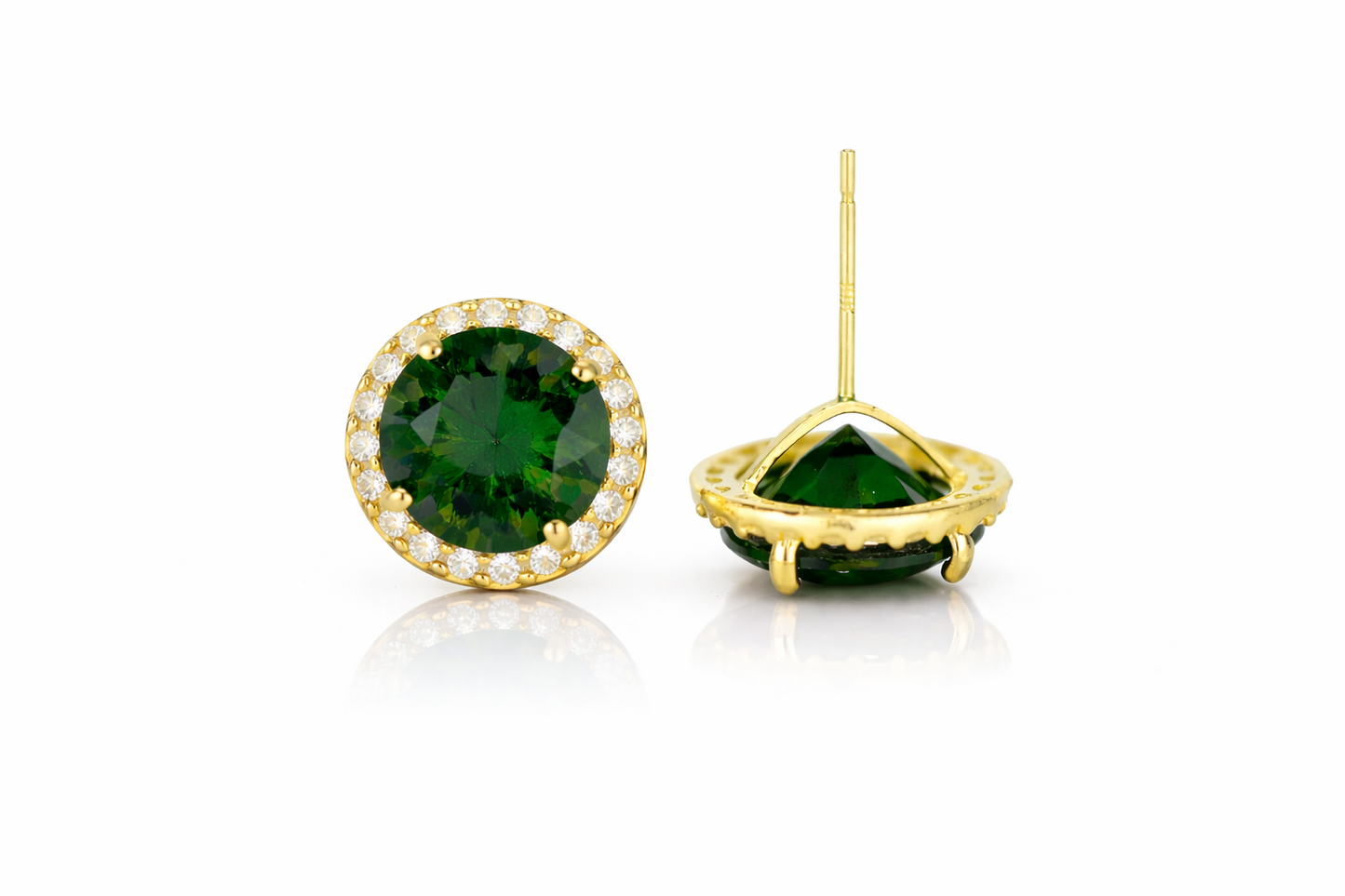 14K Yellow Gold 10mm Round Halo CZ Stud Push Back Earrings