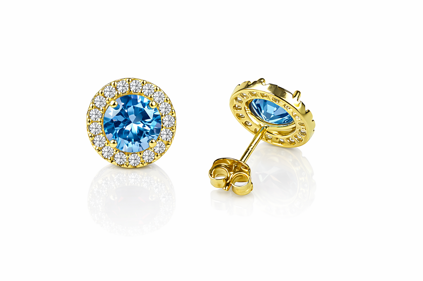 14K Solid Yellow Gold Round Halo CZ Stud Push Back Earrings