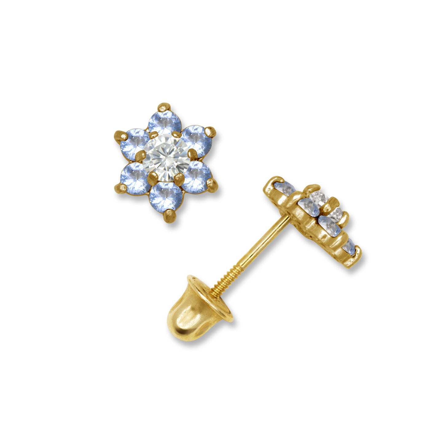 14k Yellow Gold CZ Flower Birthstone Stud Screw Back Earrings