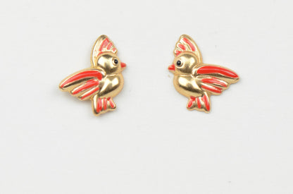 14k Yellow Gold Beautiful Enamel Bird Baby Earrings, Screw Back