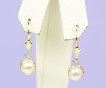 14k Yellow Gold Genuine White Natural Pearl Dangle Earrings