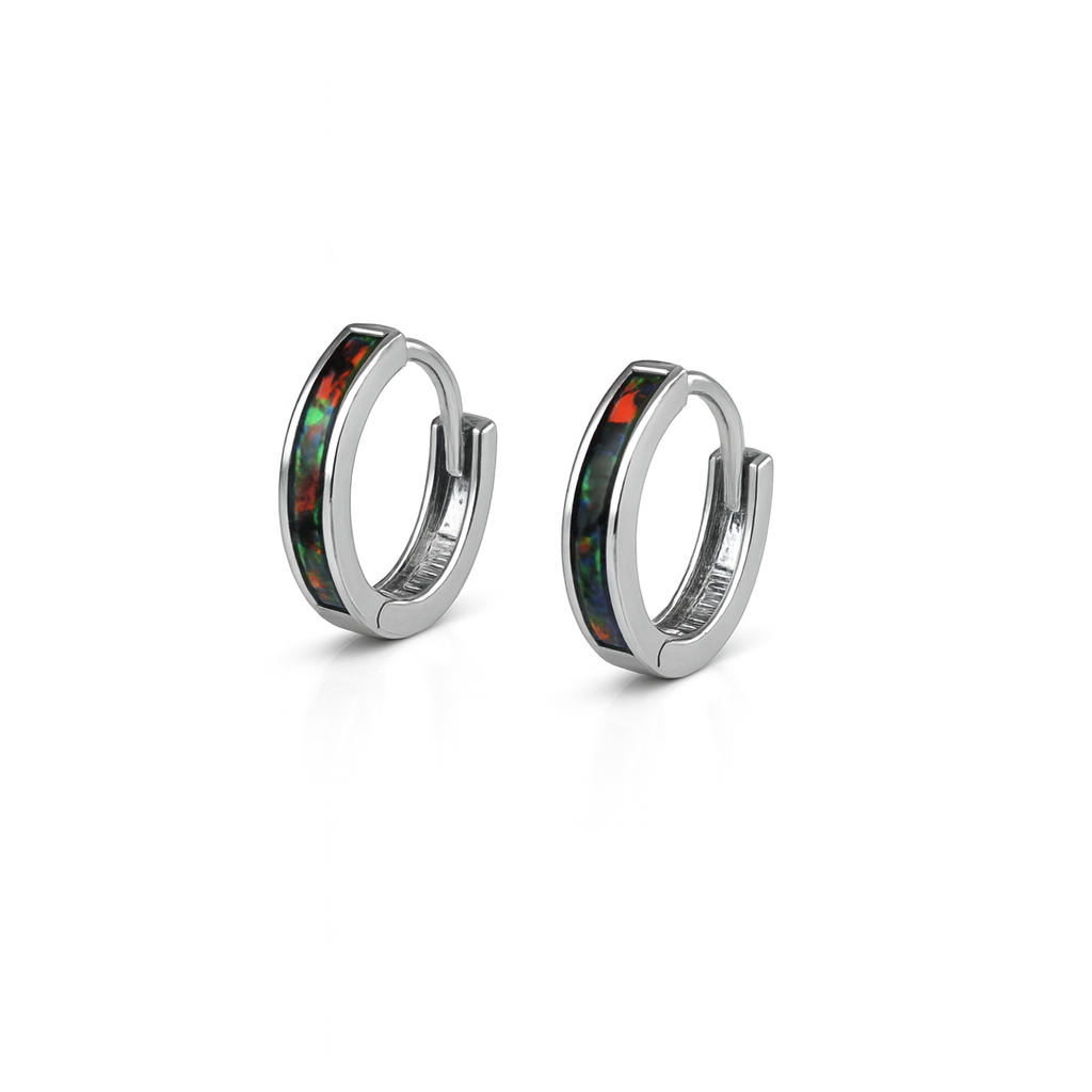 14k White Gold One Row Black Opal Huggie Hoop Earrings