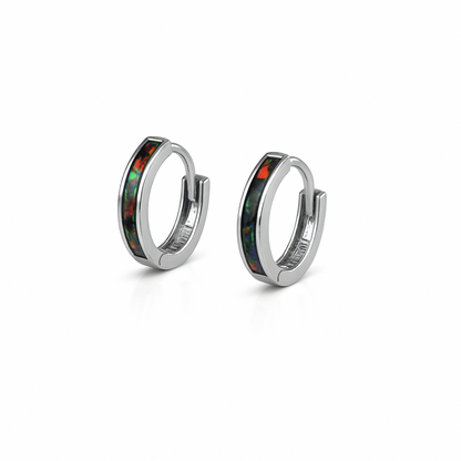 14k White Gold One Row Black Opal Huggie Hoop Earrings