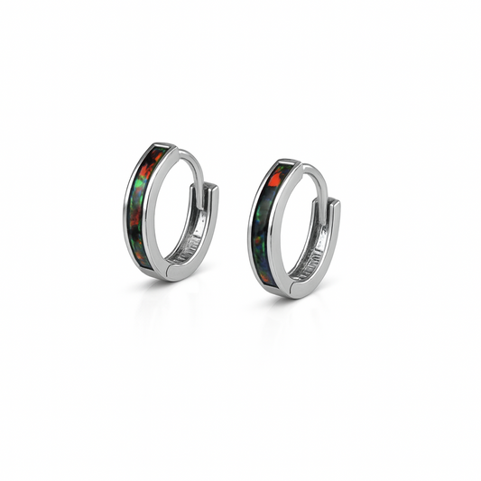 14k White Gold One Row Black Opal Huggie Hoop Earrings