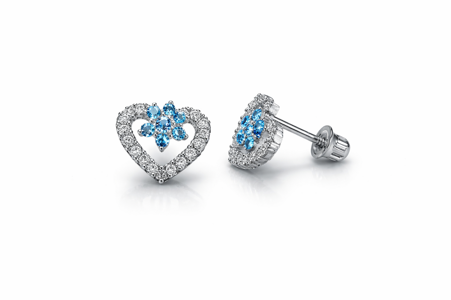 14K Yellow Gold CZ Heart Flower Shape Stud Earrings