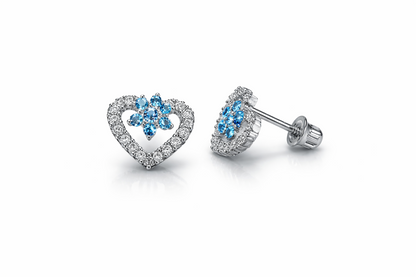 14K Yellow Gold CZ Heart Flower Shape Stud Earrings