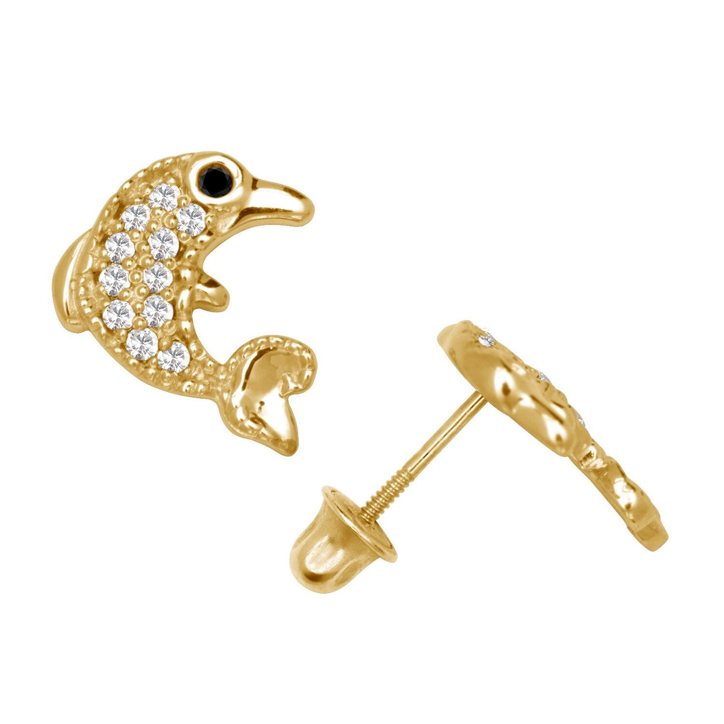 14K Yellow & White Gold Unique Dolphin Shape Stud Earrings for Women