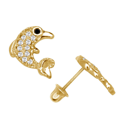 14K Yellow & White Gold Unique Dolphin Shape Stud Earrings for Women