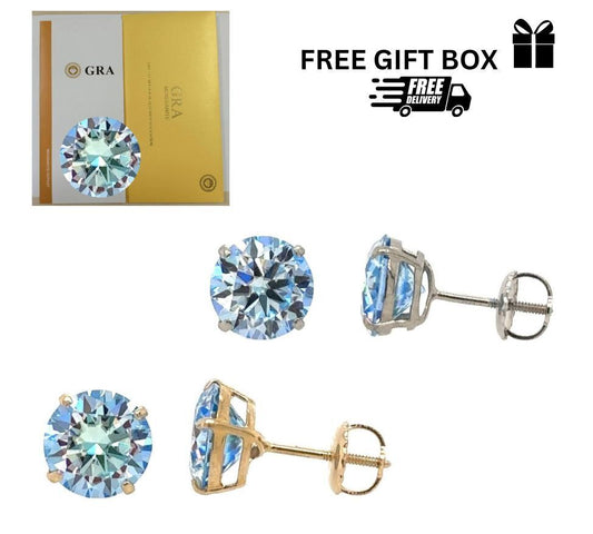 14K Gold GRA Certified D-VVS1 Ocean Blue Moissanite Screw Back Studs Earrings