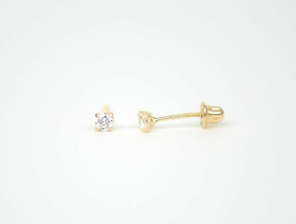 CZ Stud Earring Round cut in 14k yellow gold Screw back