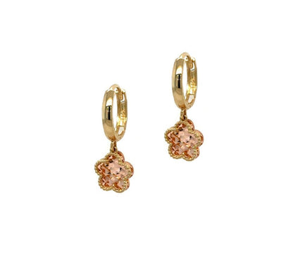 14k Yellow and Rose Gold Dangle Flower Hoop Huggie Earrings