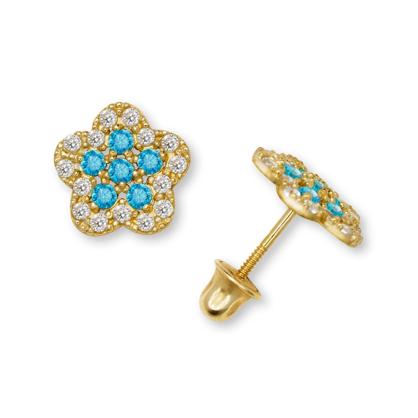14K Yellow & White Gold Beautiful CZ Flower Earrings for Girls