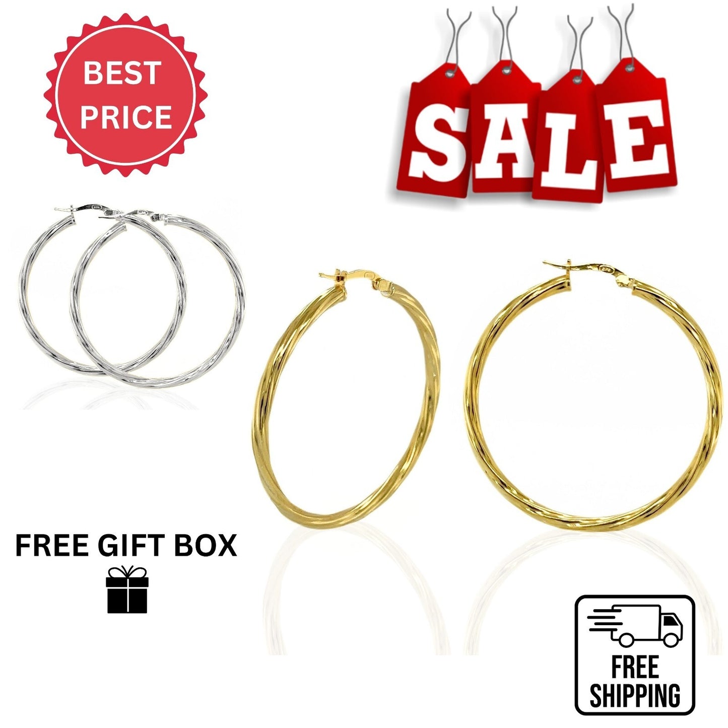 High Quality Italy 925 Sterling Silver Big Twisted Hoop Earrings All Size