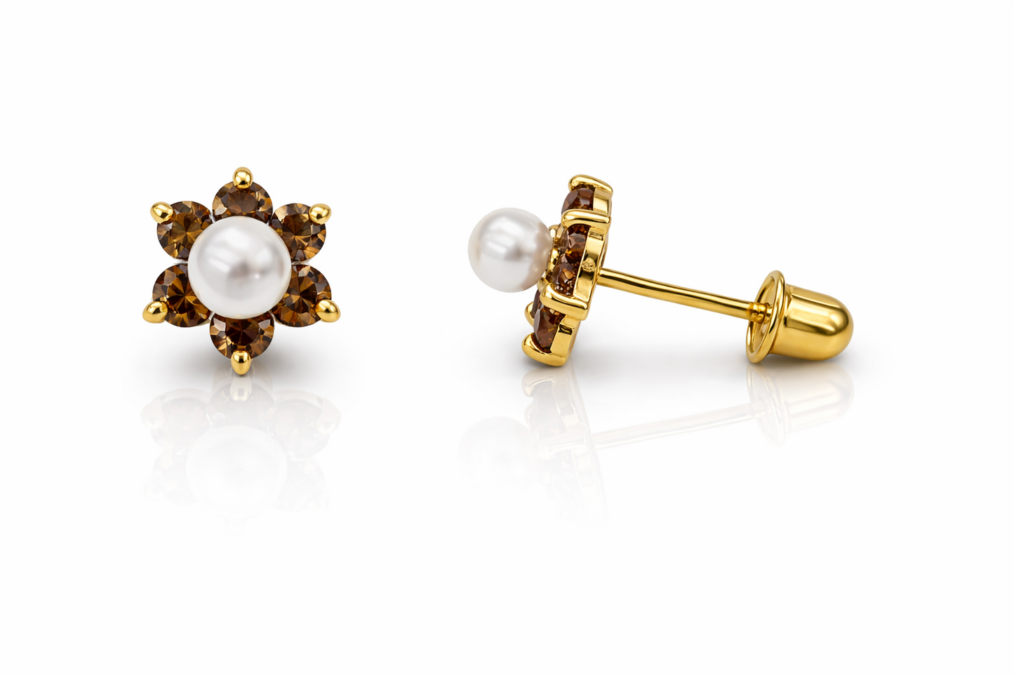 14k Yellow or White Gold Flower CZ Stud Earrings White Pearl with Screw Back