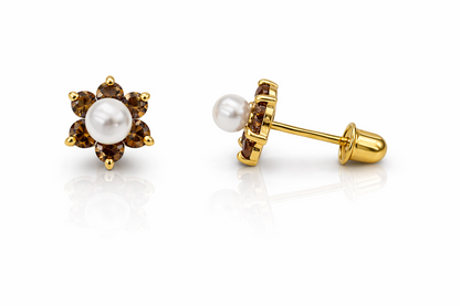 14k Yellow or White Gold Flower CZ Stud Earrings White Pearl with Screw Back