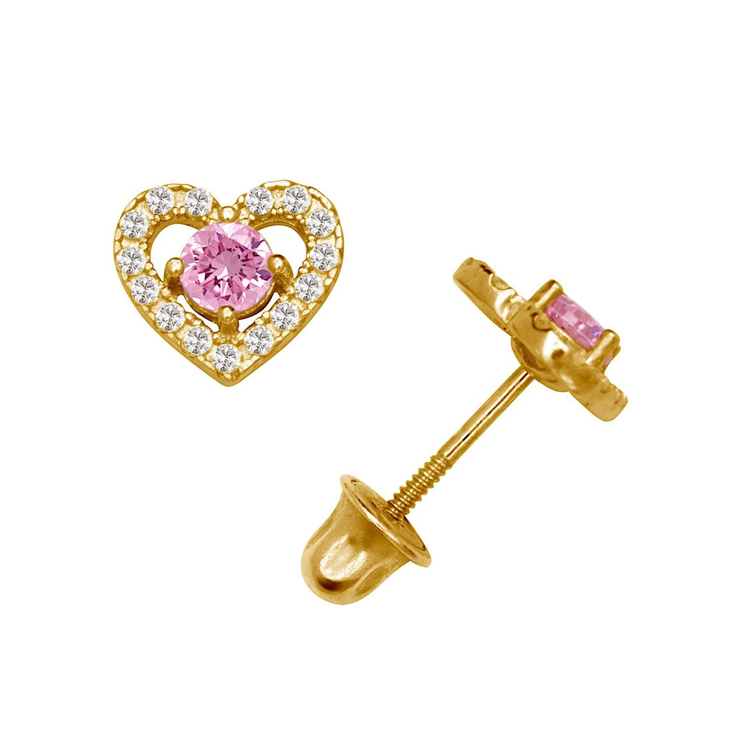 14K Yellow & White Gold CZ Heart Shaped Stud Earrings for Women
