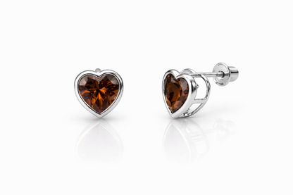 14K Solid White Gold Heart Birthstone Stud Earrings 6MM X 6MM