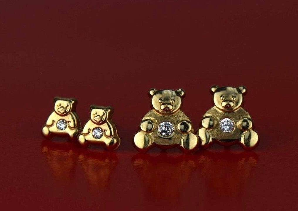 14k Yellow Gold CZ Bear Stud Earrings