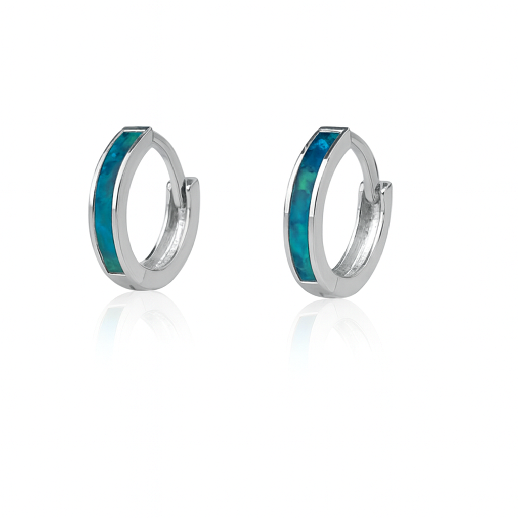 14k White Gold One Row Dark Green Opal Huggie Hoop Earrings