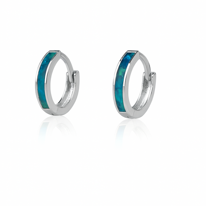 14k White Gold One Row Dark Green Opal Huggie Hoop Earrings