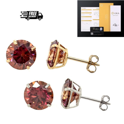 14K Gold GRA Certified D-VVS1 Watermelon Red Moissanite PushBack Studs Earrings