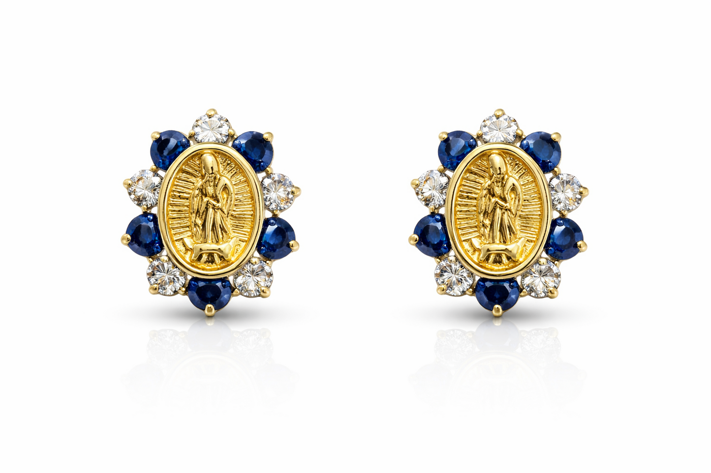 Solid 14K Yellow Gold Guadalupe Virgin Mary Screw Back CZ Stud Earrings