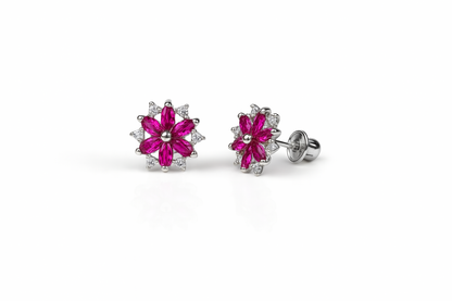 14K  White Gold Beautiful CZ Flower Stud Earrings for Women
