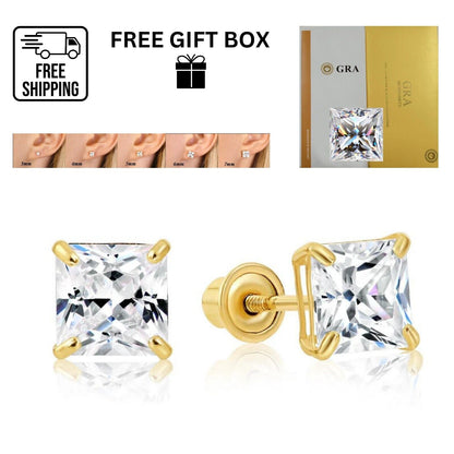 14K Gold GRA Certified D-VVS1 Princess Cut Moissanite Screw Back Studs Earrings