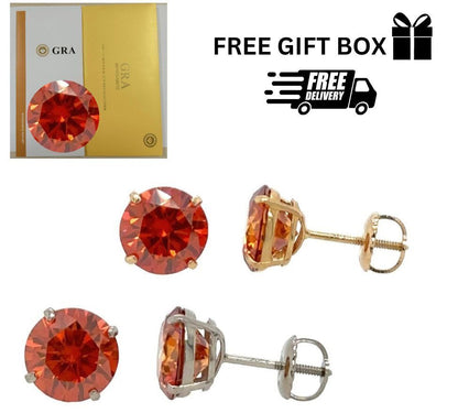 14K Gold GRA Certified D-VVS1 Round Orange Moissanite Screw Back Studs Earrings