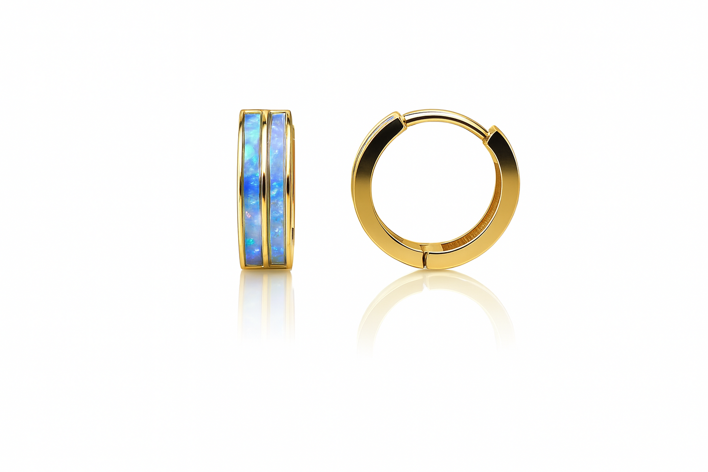 14k Yellow Gold Double Row Light Blue Opal Huggie Hoop Earrings