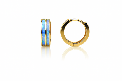 14k Yellow Gold Double Row Light Blue Opal Huggie Hoop Earrings