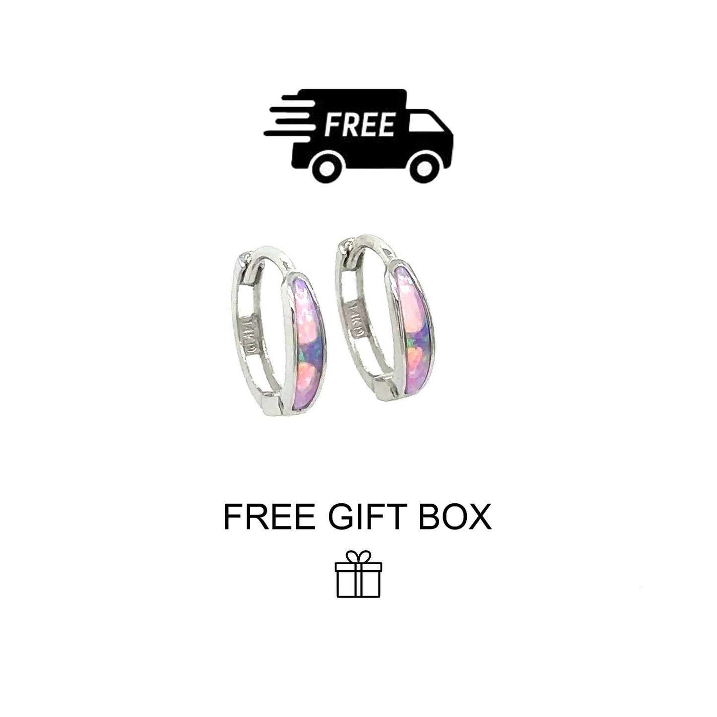14k White Gold Light Pink Opal Huggie Hoop Earrings