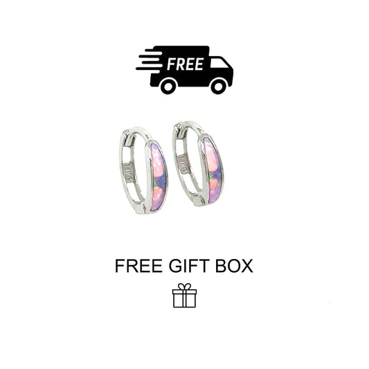14k White Gold Light Pink Opal Huggie Hoop Earrings