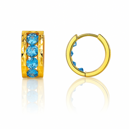 14k Yellow Gold Diamond Cut with Blue Topaz Birthstone Huggie Earrings
