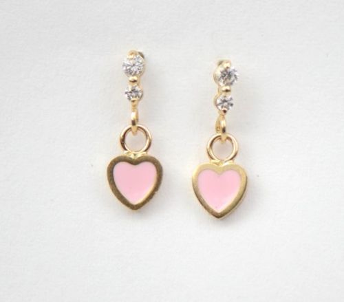 14K Solid Yellow Gold Enamel Heart Shape Dangle Stud Earring