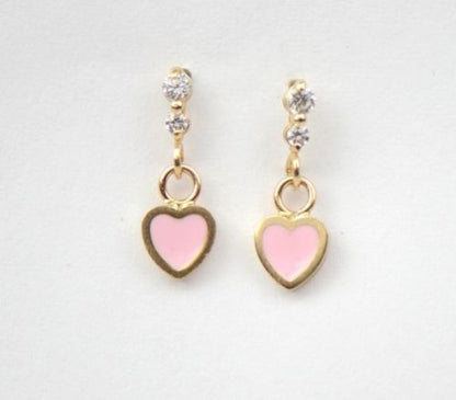 14K Solid Yellow Gold Enamel Heart Shape Dangle Stud Earring