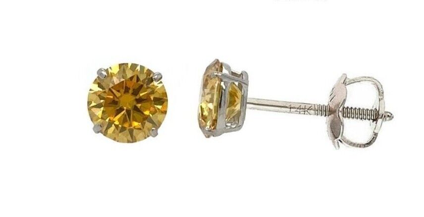 14K Gold GRA Certified D-VVS1 Round Yellow Moissanite Screw Back Studs Earrings