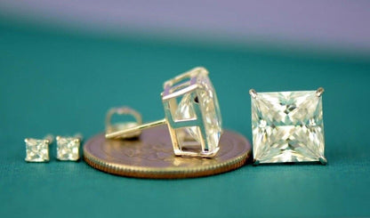 14k Heavy Basket White Gold Square AAA Quality CZ Stud Earrings with Screw Back