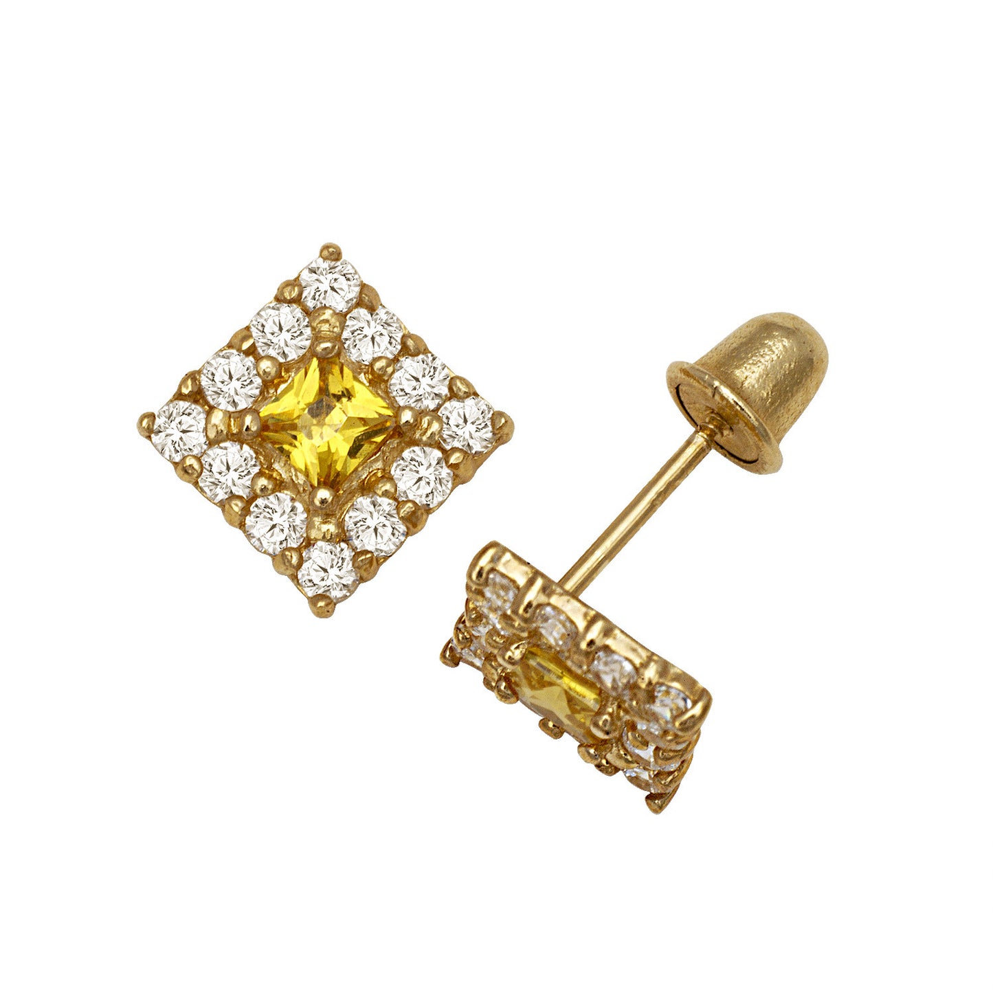 14k Yellow and White Gold CZ Birthstone Stud Screw Back Earrings
