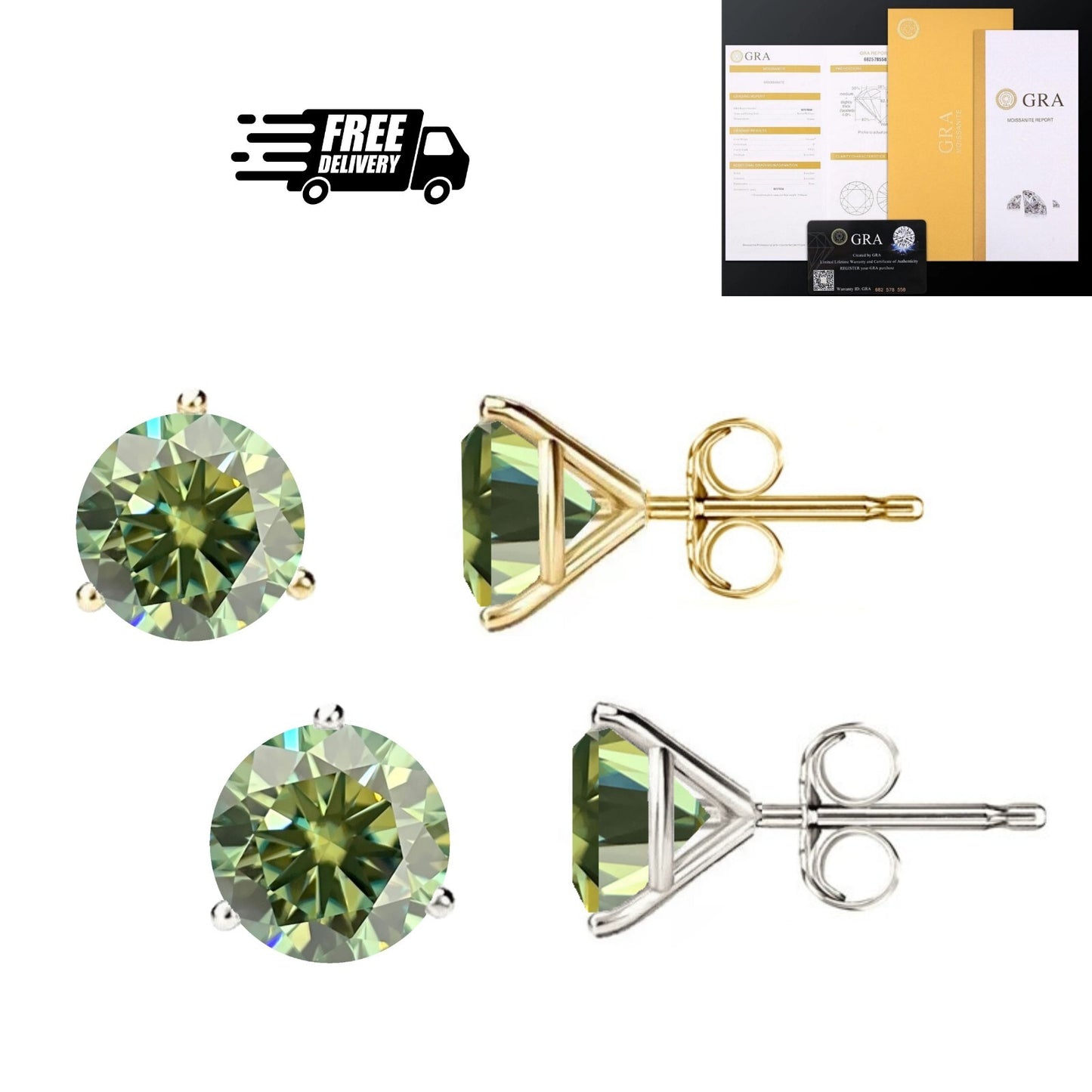 14KGold GRACertifiedD-VVS1 Green Moissanite Martini Push Back Stud Earrings