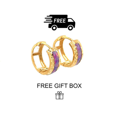 14k Yellow Gold Purple Opal Huggie Hoop Earrings